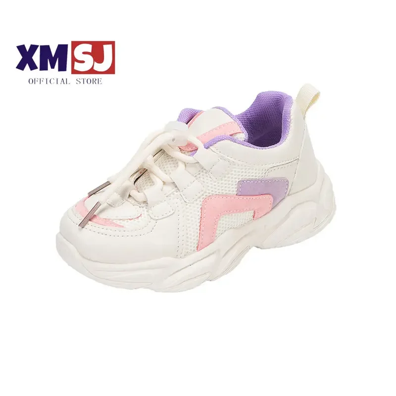 

Size 26-37 Mesh Breathable Fashion White Soft Boys Girls Running Shoes Kids Autumn Chunky Round Toe Sneakers Patchwork Non-slip