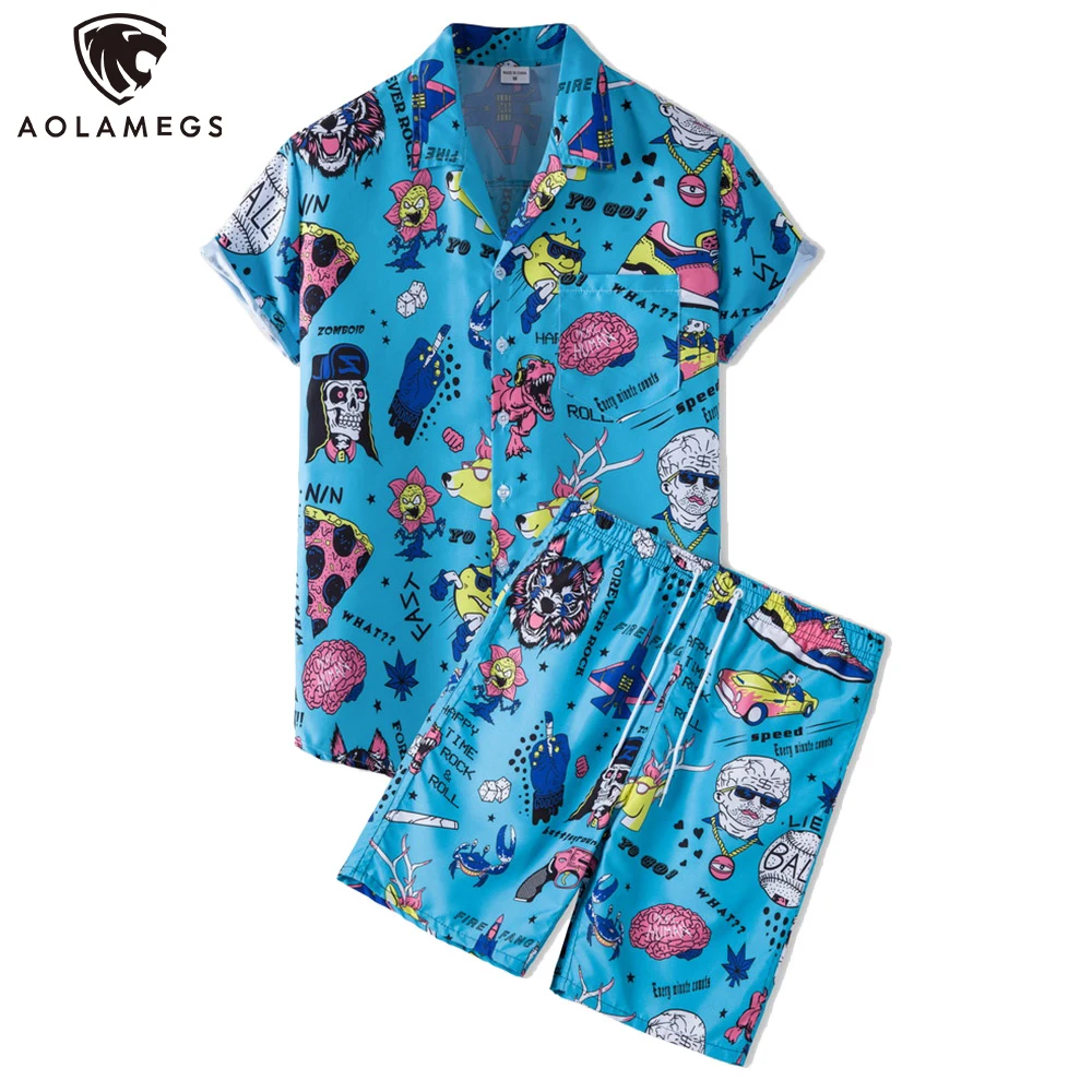 

Aolamegs Hip Hop Men's sets Summer Skeleton Hit Color Print Beach Shorts Shirts Suits Harajuku Fashion Hawaiian Set Men Clothing