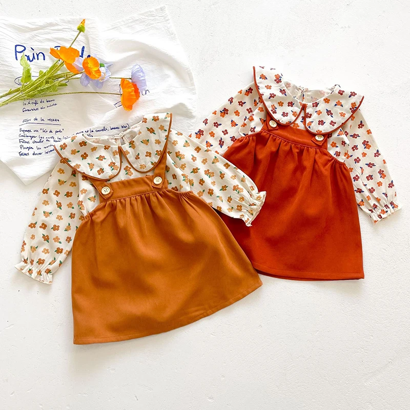

Autumn Spring Infant Baby Girls Clothing Set Long Sleeved Cotton Printed Shirt+Corduroy Dress Toddler Baby Girl Clothes Suit