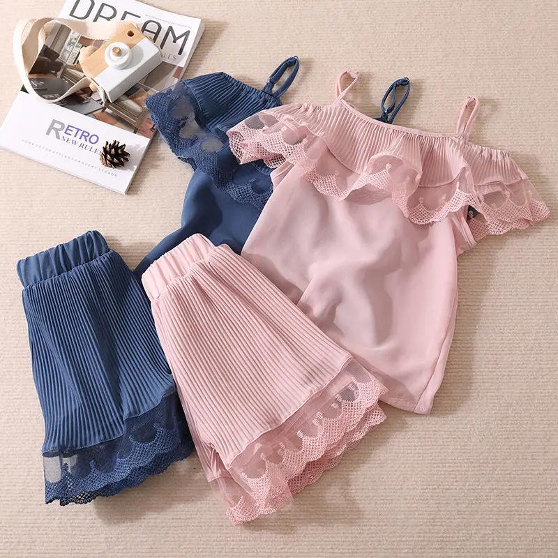 

Kids Girls Chiffon Clothing Sets 2022 New Summer Pink Camisole Shorts 2Pcs Clothes Sets Teenage Girls Homewear Clothes Sets Blue