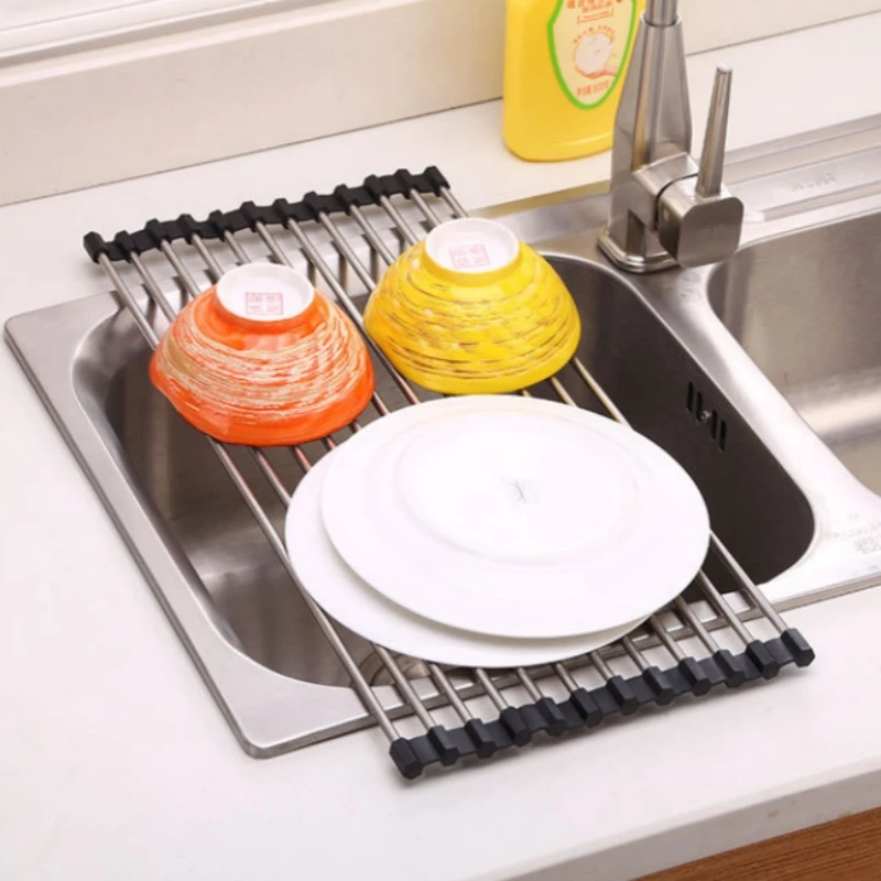 

Foldable Stainless Steel Dish Drainer Sink Organizer Roll Up Dish Drying Rack Shelf Kitchen Sink Holder Dish Bowl Drainage Rack