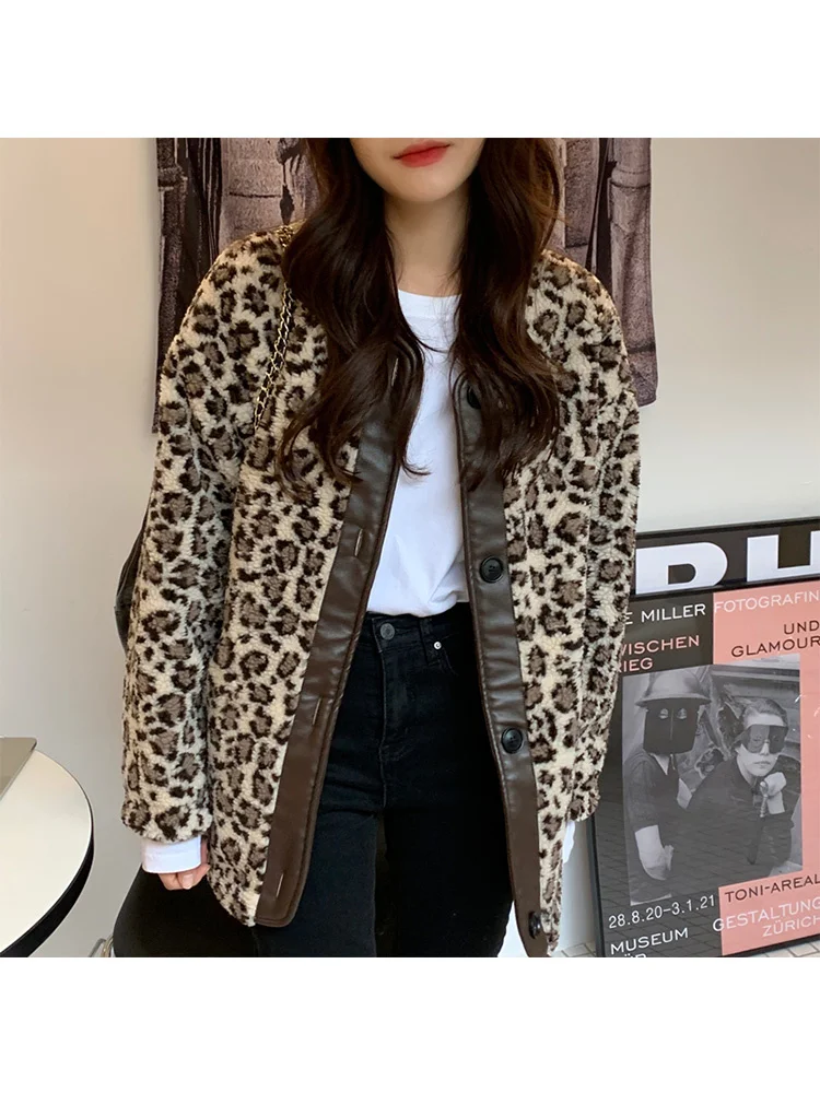 

Print Korean New Warm Leopard Jacket Lamb Wool Splicing Thickening Coat Casual Baggy Female Puffer Comfortable Outwear Winter