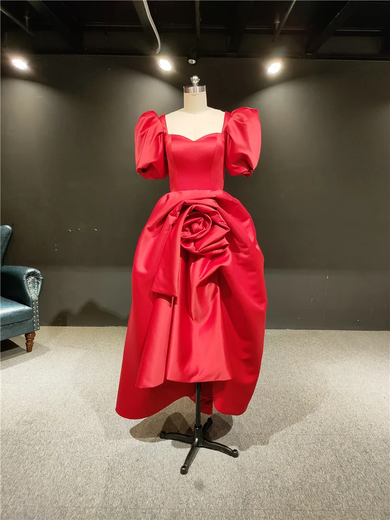 

100%Real Photos Red Satin Sweater Heart Short Sleeves Rose Flower Tea Length Formal Prom Party Dance Bridal Evening Dress