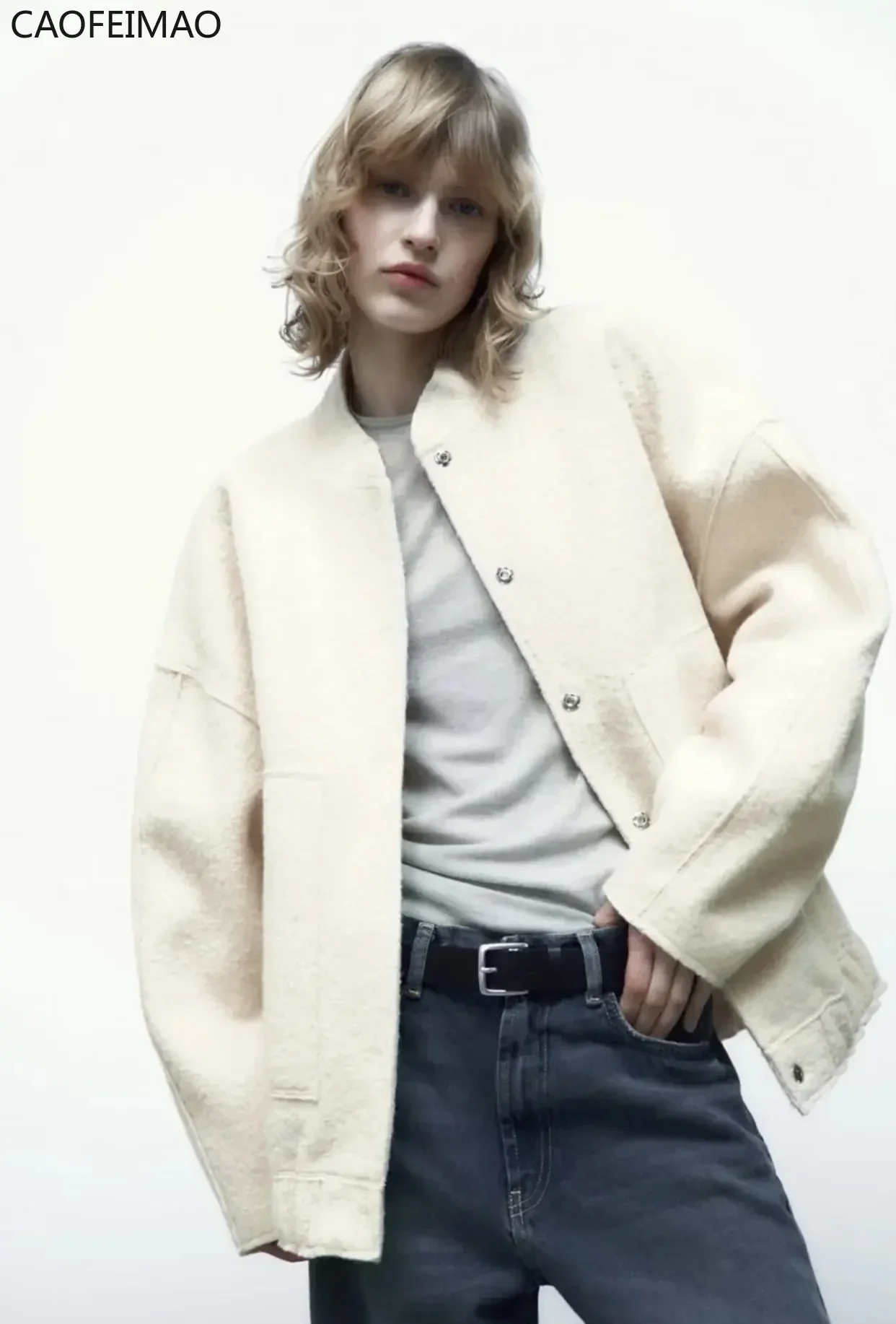 Caofeimao женская мода с карманами 2023 негабаритная куртка-бомбер винтажная куртка