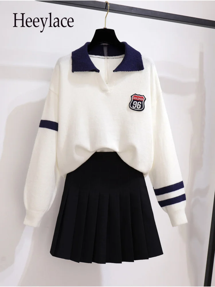 

Fall Winter Sets Womens Outfit Korean Sweet Long Sleeve Knitted Pullover Sweater And Pleated Skirt Two Piece Set Women Clothing