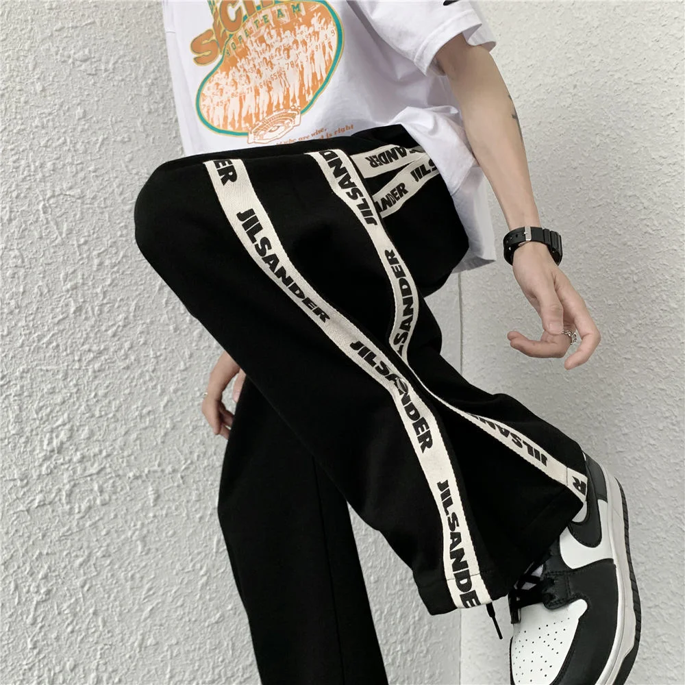 

Hybskr New Two Stripe Letter Graphic Men's Casual Pant High Street Hip Hop Loose Straight Trousers Black Sport Unisex Pants