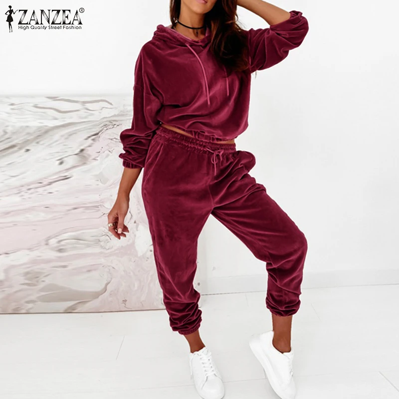

ZANZEA Velvets Hoodies And Pant 2022 Spring Sweatshirt Sets Women Fashion Solid Hooded Tops Suits Lady OL Casual Maxi Pants Suit