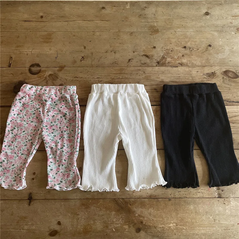 2023 Spring Summer New Baby Solid Leggings Cotton Infant Girl Floral Boot Cut Pants Toddler Trousers Kids Casual  Clothes