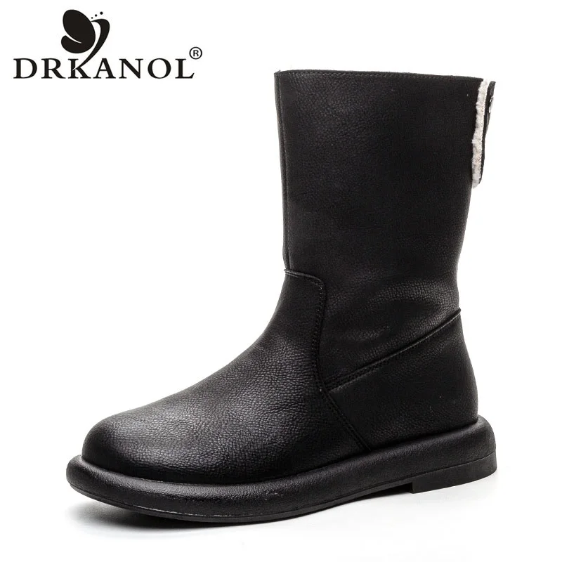 Фото DRKANOL/женские зимние ботинки до середины икры, зимние теплые зимние ботинки из искусственной шерсти из натуральной воловьей кожи на плоской подошве, теплые ботинки без шнуровки, мягкие удобные хлопковые ботинки №1