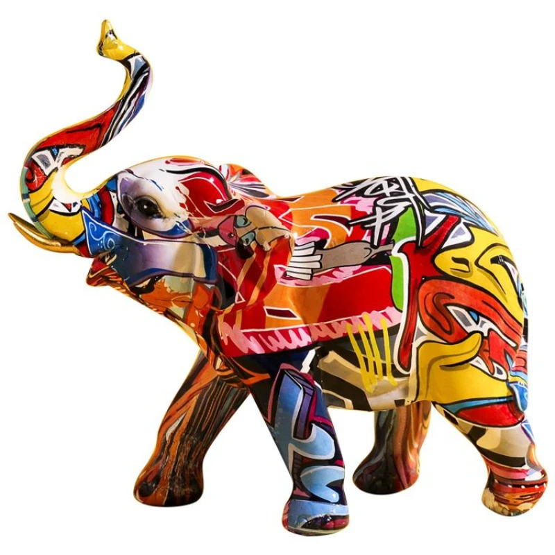 

2021 Modern Decorative Figure Desktop Animal Ornament Olifant Houtsnijwerk Sculptuur Fashion Graffiti Art Elephant Statue