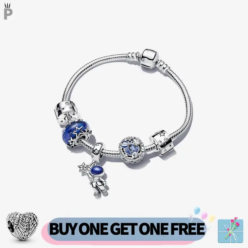 

925 Sterling Silver Astronaut Roaming Galaxy Snake Suit Bracelet Fit Original Beads Charms DIY Jewelry For Women Fashion Journey