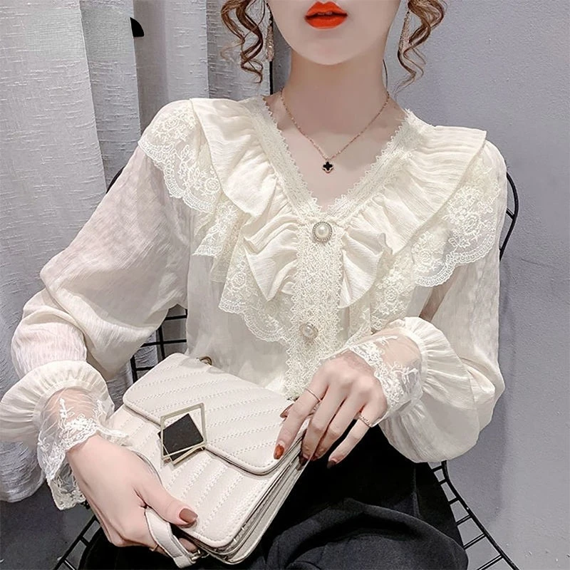 

Sandro Rivers Fashion Sweet V-Neck Lace Patchwork Chiffon Shirt Long-Sleeved Women's Slim Collar Button Top Beach Blouses