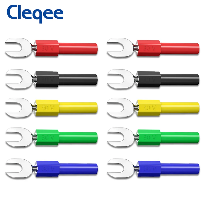 

Cleqee P4003 10PCS 6mm Width Spade Plug U&Y Type Insert Harpoon to 4mm Banana Plug Connector 5 Colors