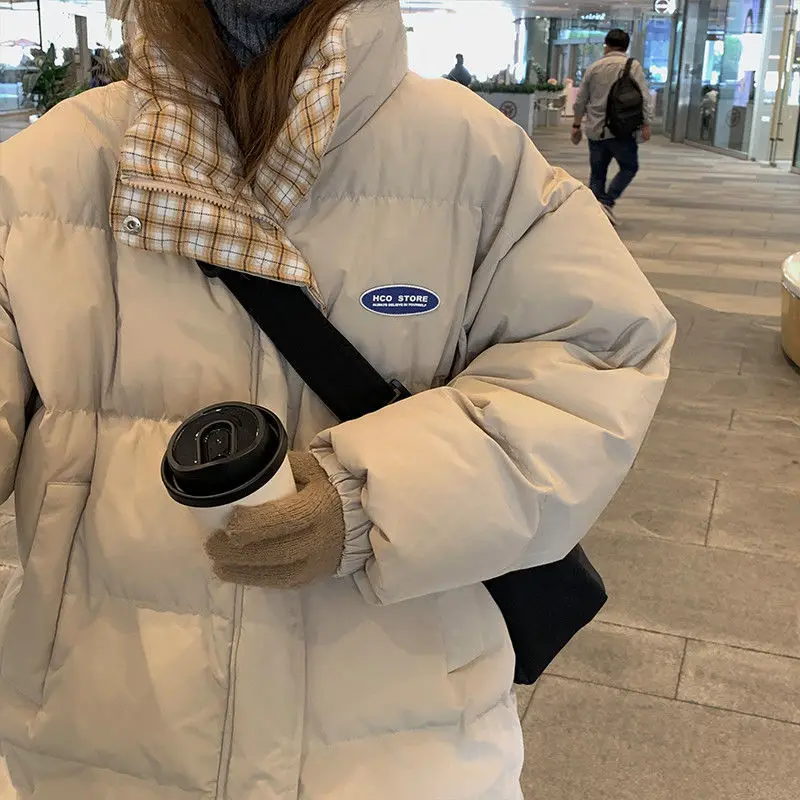 Stitching Plaid Stand Collar Cotton Jacket Female Winter Korean System Oversize Bread Clothes Thickened Cotton Jacket Tide