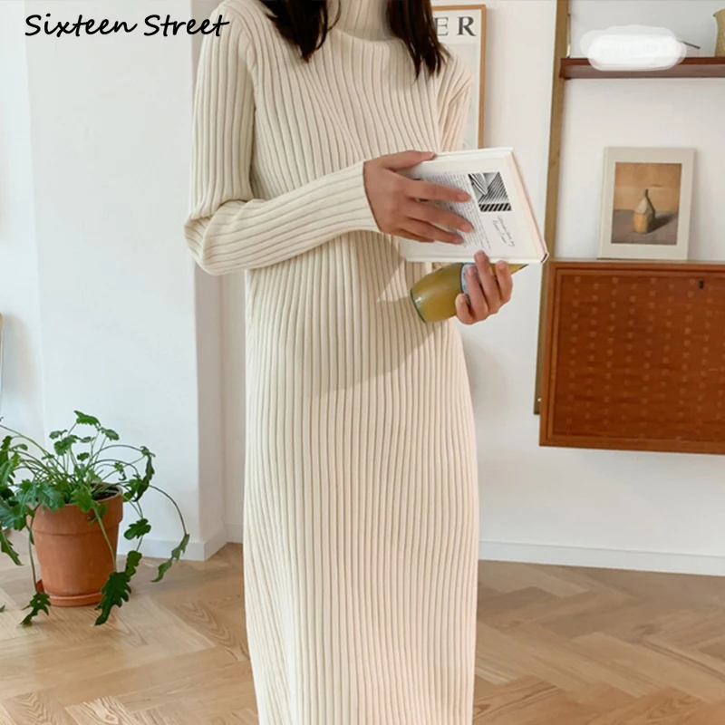 

Apricot Elegant Woolen Dress Women Clothing Winter Turtleneck Chic Knitted Dress Office Ladies Streetwear Runway Knitwear 2022