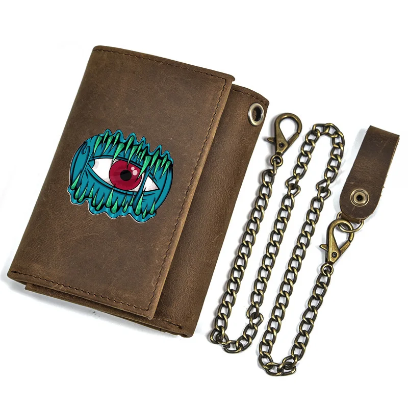 High Quality Men Genuine Leather Wallet Anti Theft Hasp With Iron Chain Vintage Dragon's Eyes Cover Card Holder Short Purse