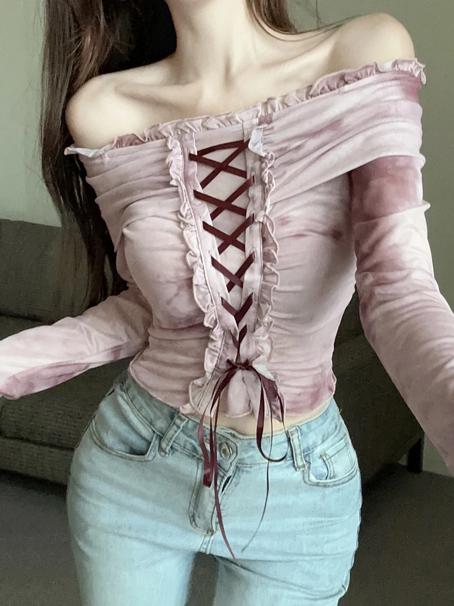 RORORIRI Grayu Desire женская футболка на одно плечо с расклешенными рукавами шнуровка