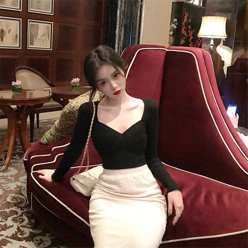 Топ женский с квадратным вырезом пикантная футболка длинным рукавом и V-образным