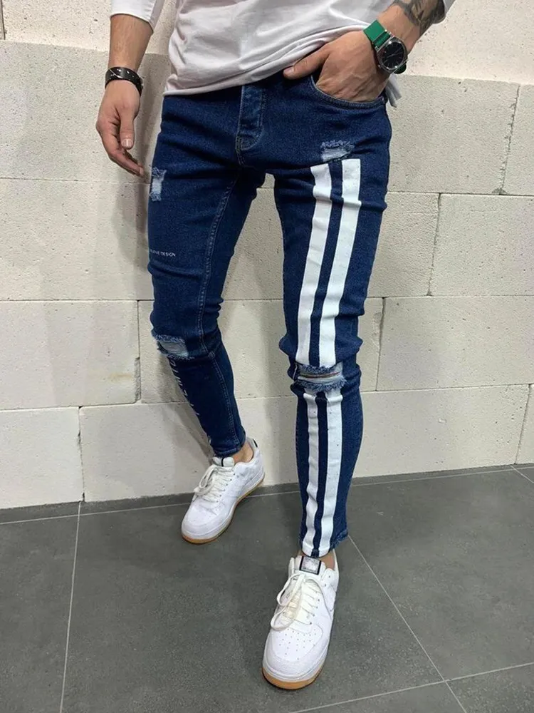 Fashion Printed Jeans Trousers Mens Streetwear Jeans Slim Fit Ripped Skinny Painted Denim Pants Stripe Jogger jeans