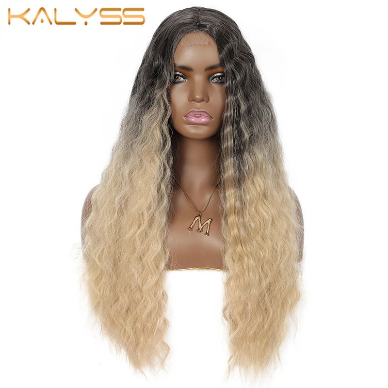 Kalyss 28 Inches Synthetic Kinky Curly Fake Scalp Handmake Wigs Natural Middle Part Long Hair Heat Resistant Fiber For Women