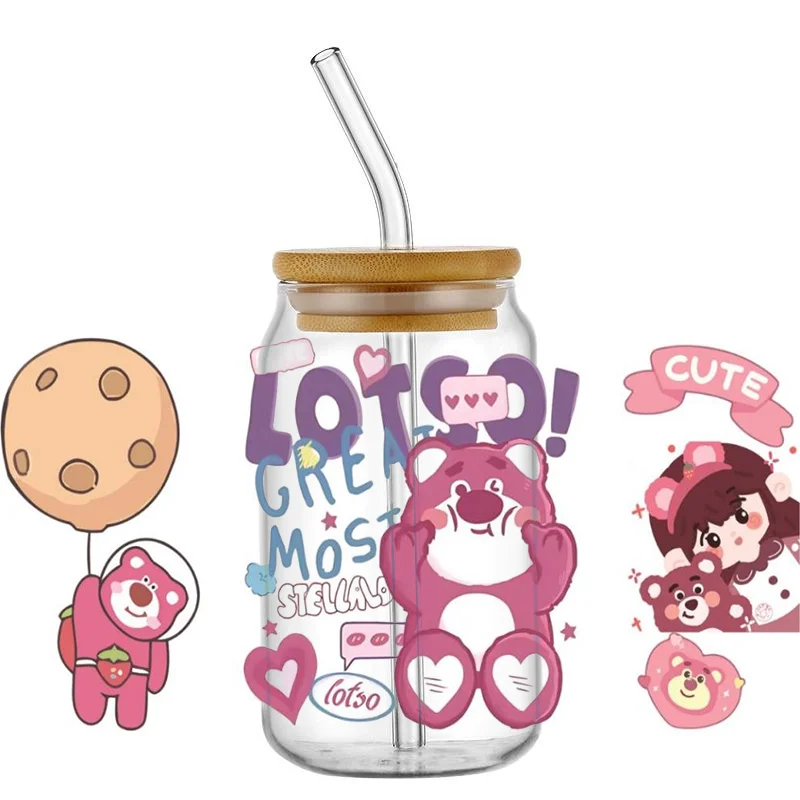 Miniso клубничный Медведь 3D водонепроницаемый UV DTF чашка обертка для 16Oz 10OZ Libbey