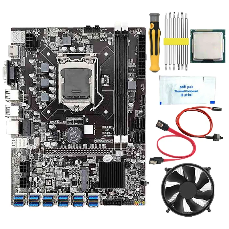 

B75 BTC Mining Motherboard G530/G630 CPU+Fan+Thermal Grease+Screwdriver+Switch Cable 12 USB3.0 Slot LGA1155 DDR3 SATA3.0