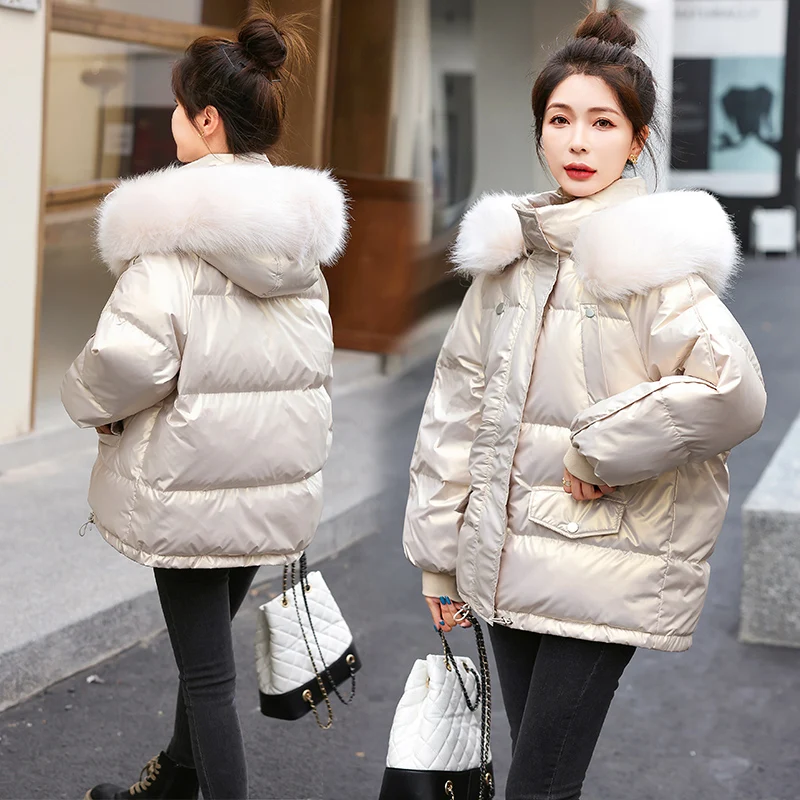 2022 New Winter Glossy Jacket Women Parka Fashion Loose Coat Hooded Parkas Slim With Fur Collar Warm Snow Wear Padded Clothes