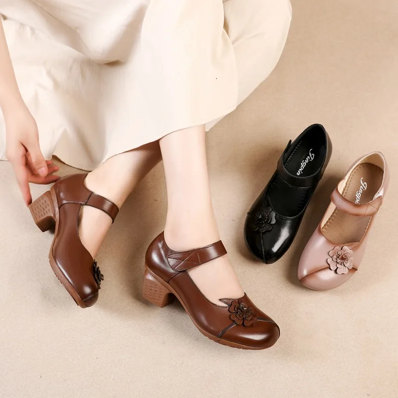 

Retro Woman Shoes Shallow Mouth Female Footwear Genuine Leather Sneakers Dress Grandma Moccasins Ethnic PU Med Basic Hoof Heels