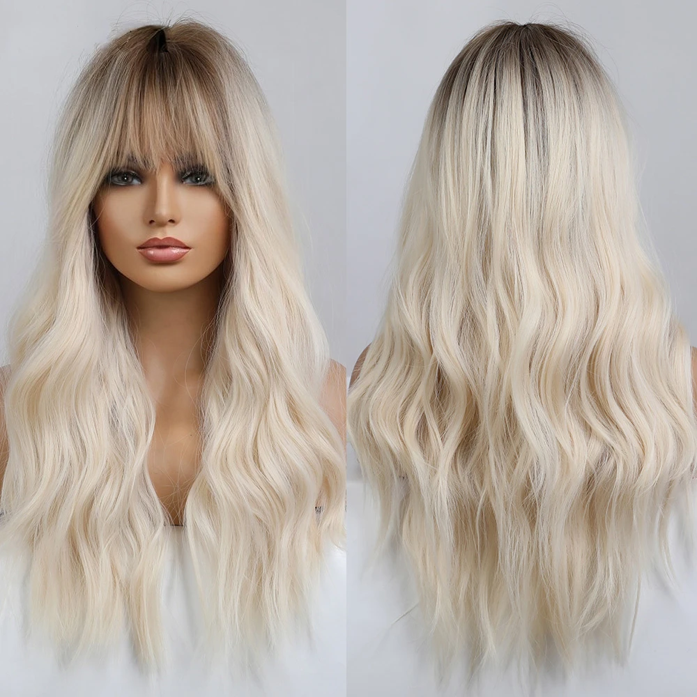 

WigMVP Synthetic Ombre Blonde Platinum Wigs for Women with Bangs Long Wavy Wig Party Daily Heat Resistant Fibre Hair Wigs