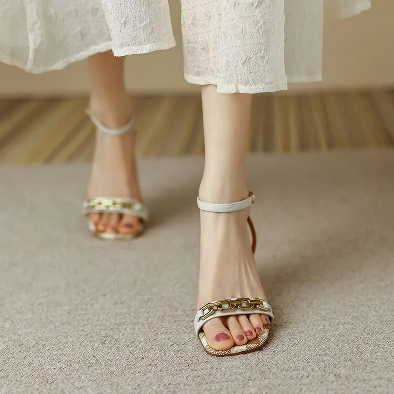 New Summer Women Sandals Chain Square Toe Stiletto Open Toe Metal  Embellished Ladies High Heels Fashion Vintage Cozy Lady Shoe - купить по  выгодной цене | AliExpress