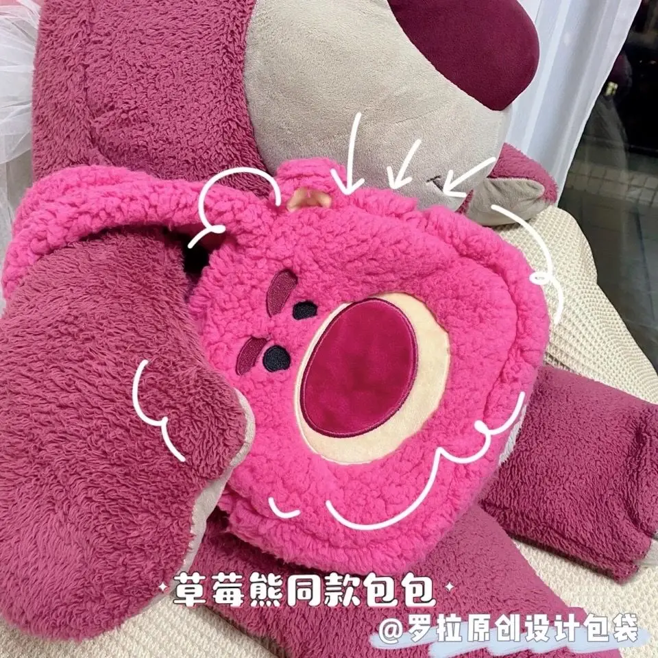 Disney Three-Eyed Strawberry Bear Girl Plush Large Capacity Soft Cartoon Zipper Handle Bag Going Out Light Zipper Tote Bag