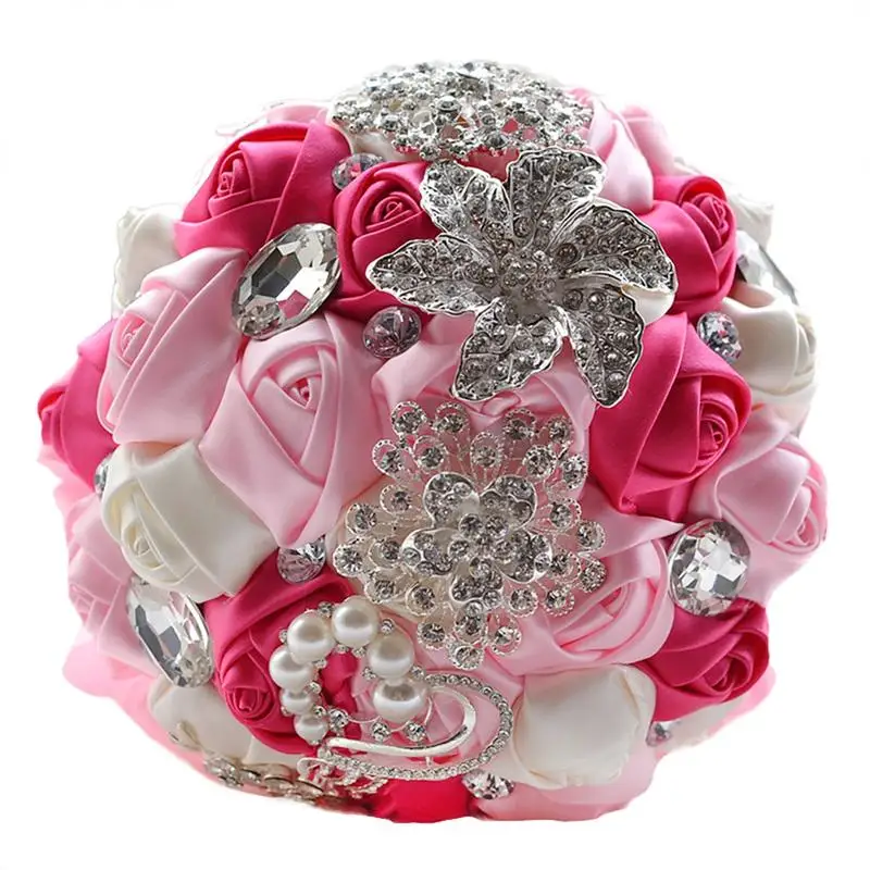 

Свадебный букет ручной работы с кристаллами и сверкающими бриллиантами, жемчужины, шелковые розы, Свадебный букет невесты