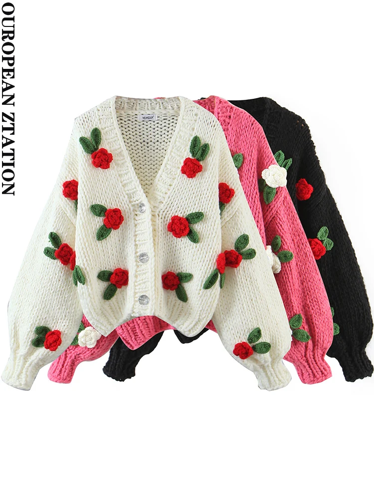 PAILETE Women 2022 fashion handmade flowers button-up sweater cardigan vintage v neck long sleeve female outerwear chic tops