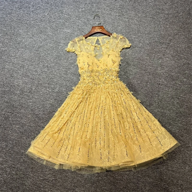 

100%Real Photos فستان سهرة Gold Color A-line Knee Length Open Back Formal Prom Party Bridal Evening Dress vestido de noche