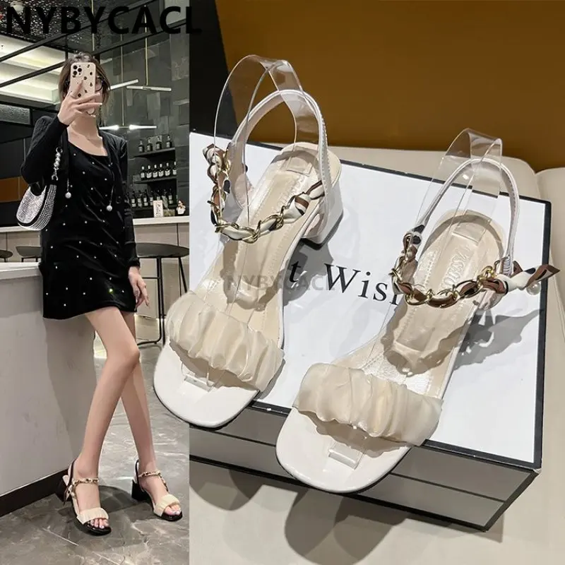 

Fairy Style Fashion Square Toe Lace String Bead Party Wedding High Heels Elegant Pearl Sandals Women Summer Mid Heel Woman Shoe