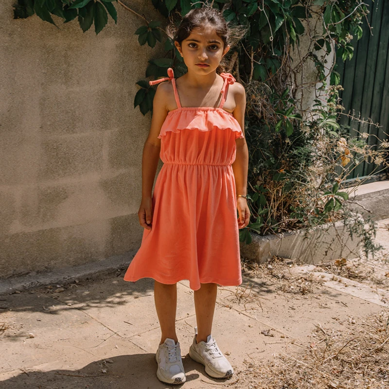 

100% Organic Cotton Terry Cloth Girls Dress Summer New Baby Girl Tie-up Straps Casual Sleeveless Ruffled Princess Dresses TZ123