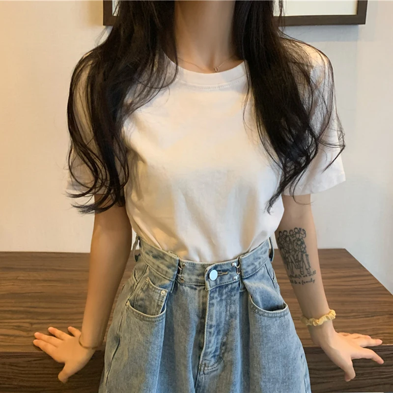 

Cotton T Shirt Womens New Summer White Solid Loose Basic Casual Tops Female O Neck Slim Thin Short Sleeve T-Shirts Tees Femme
