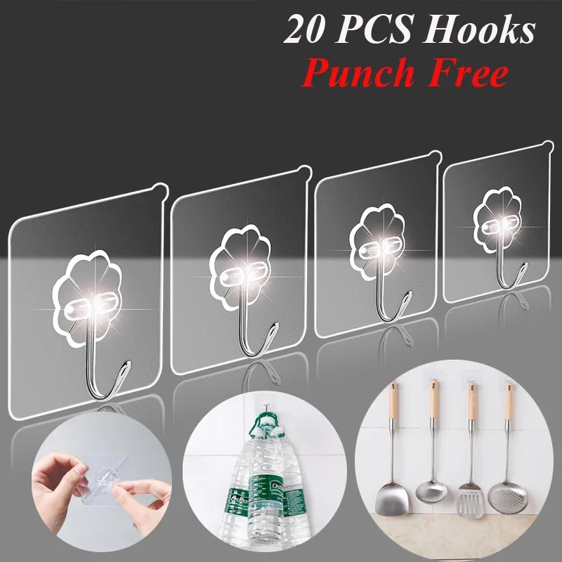 

20pcs Self Adhesive Transparent Wall Hooks Heavy Load Hook Holder Racks Kitchen Bathroom Punch Free Storage Hanger Organization