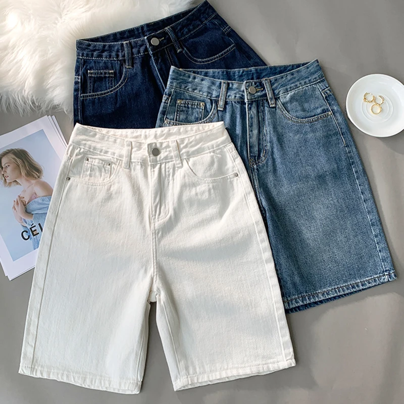 Women Summer Denim Fifth Pant Female Casual Baggy Straight Korean Version Streetwear Clothes Y2k Washed Jean Shorts High Waisted