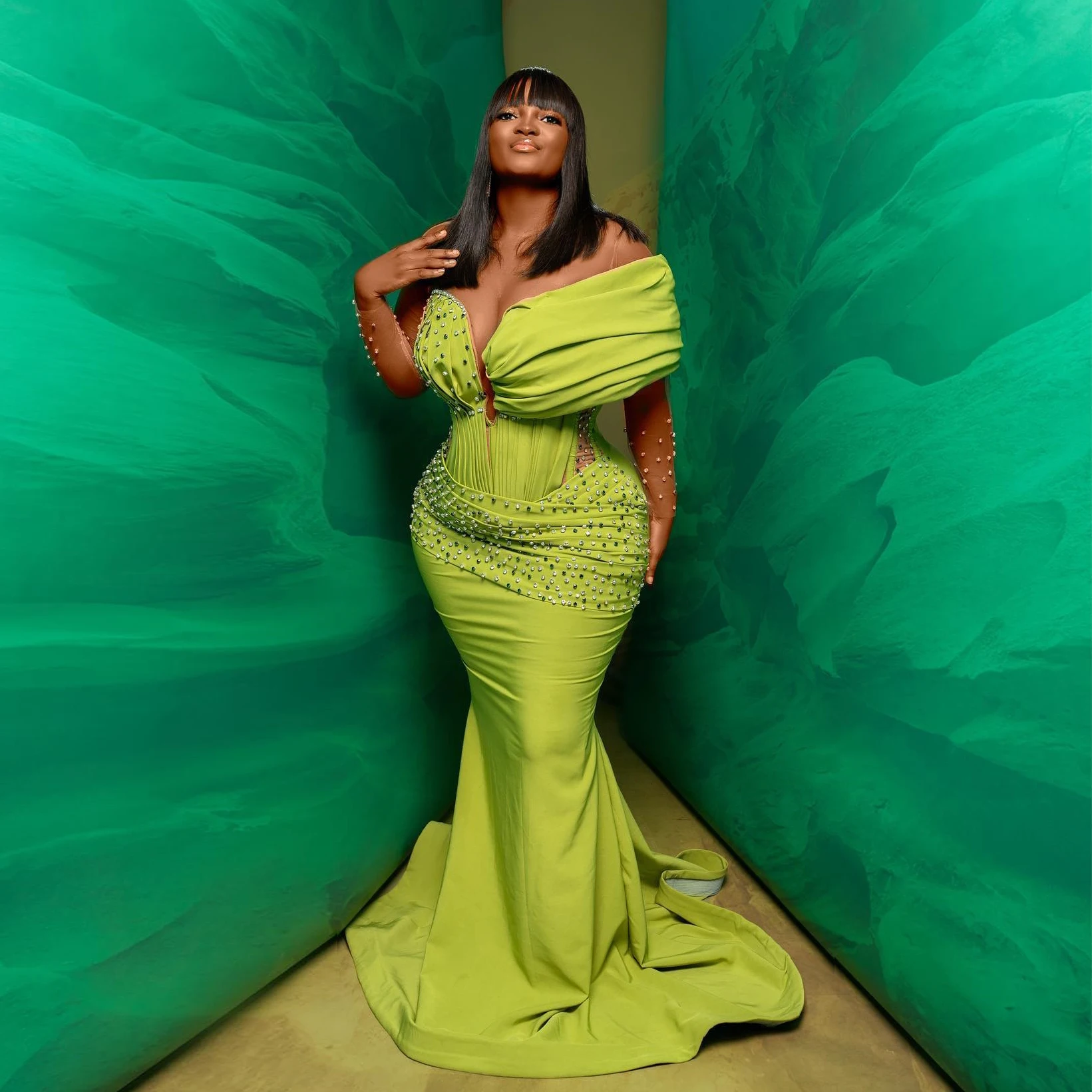 

Aso Ebi Style Green Prom Dresses Beaded Long Sleeves Plus Size Mermaid Evening Dress African Women Formal Party Dresses Custom
