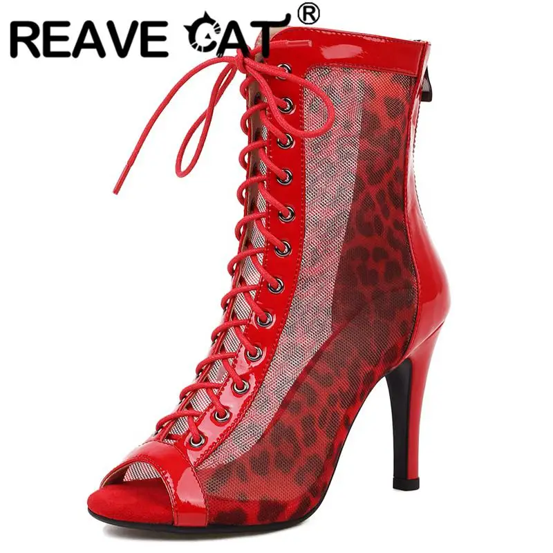 

Женские ботинки с открытым носком REAVE CAT, летние дышащие сетчатые ботинки на тонком каблуке 9,5 см, блестящие Ботинки Размером 33-46 с голенищем ...