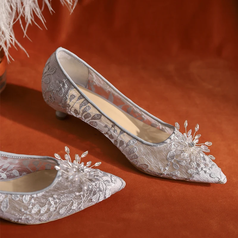 

Французские свадебные туфли сетчатые женские свадебные туфли на плоской подошве для беременных женщин 3 см туфли на низком каблуке со страз...