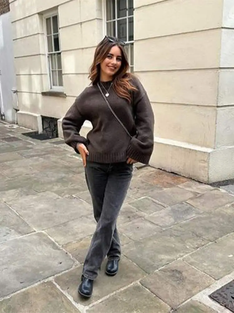 Коричневый вязаный пуловер с круглым вырезом Женский шикарный свободный джемпер