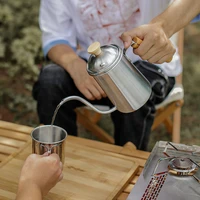 outdoor wooden handle coffee pot stainless steel hand brewed coffee pot wooden handle drip pot 650ml camping teapot kettle