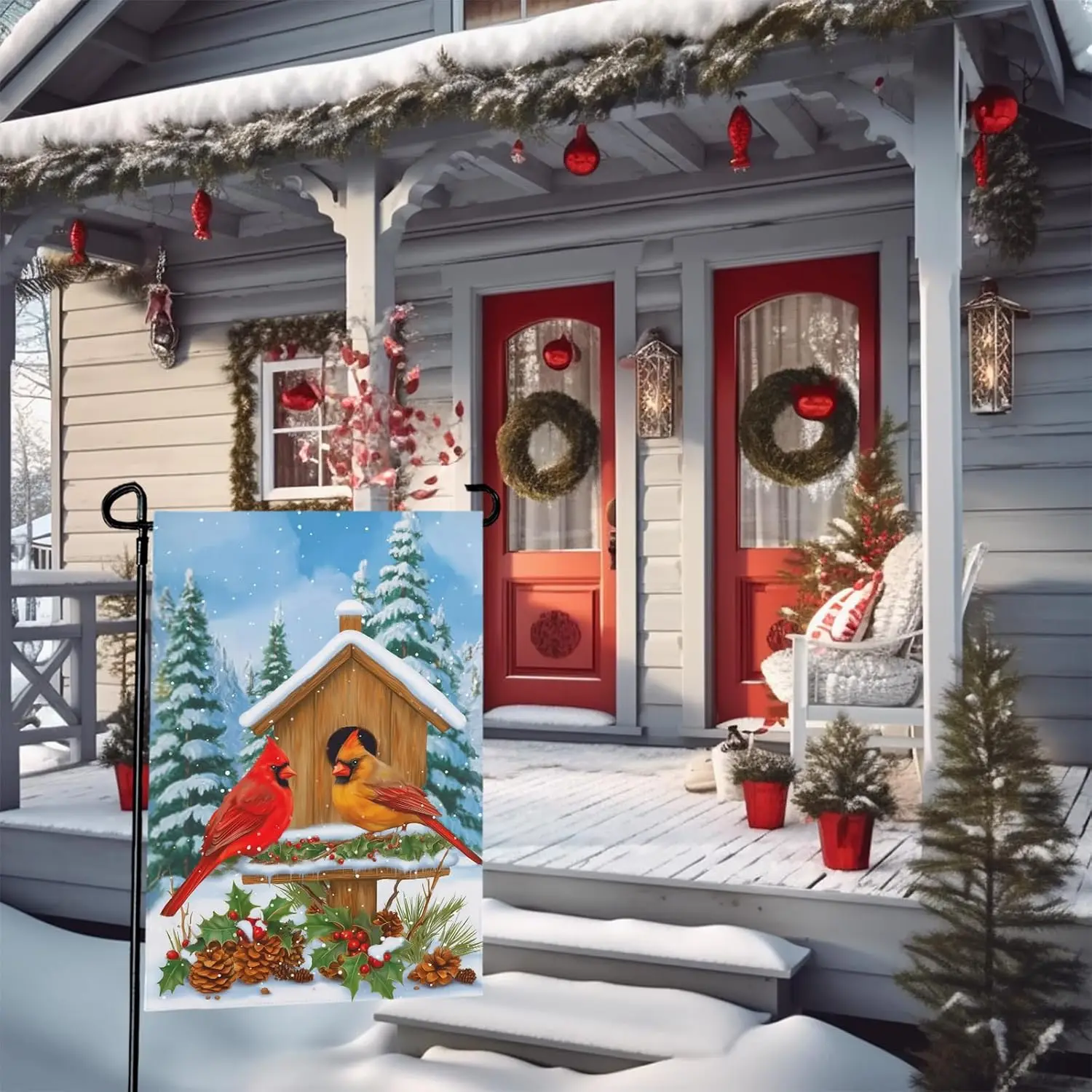 Фото Флаги Cardinal Winter Garden 12x18, двусторонние, с изображением птичьего гнезда, рождественские, для улицы, снежный пейзаж, для двора, фермы, LLG №4