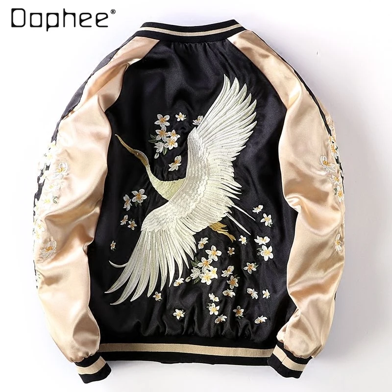 

2021 Baseball Short Coat Spring New Men and Women's Embroidered Yokosuka Style BF Wind Korean Loose Couples Satin Bomber Jacket