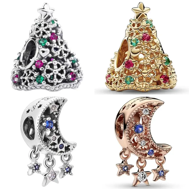 Original 925 Sterling Silver Charm Rose Gold Glitter Christmas Tree Star & Crescent Moon Beads Fit Popular Bracelet Diy Jewelry