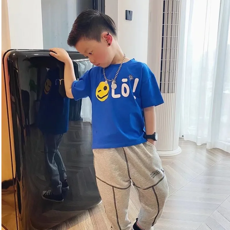 Children's Round Neck New Temperament Summer T-shirt Five-point Sleeve Simple Trend All-match Korean Style Children's Clothing