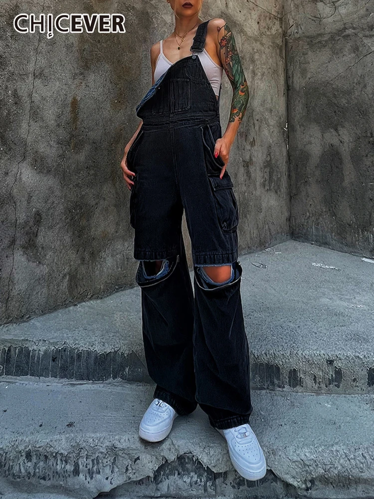 CHICEVER Hollow Out Denim Pants For Women Sleeveless Loose Waist High Waist Solid Overalls Trousers Female Autumn Clothing 2022