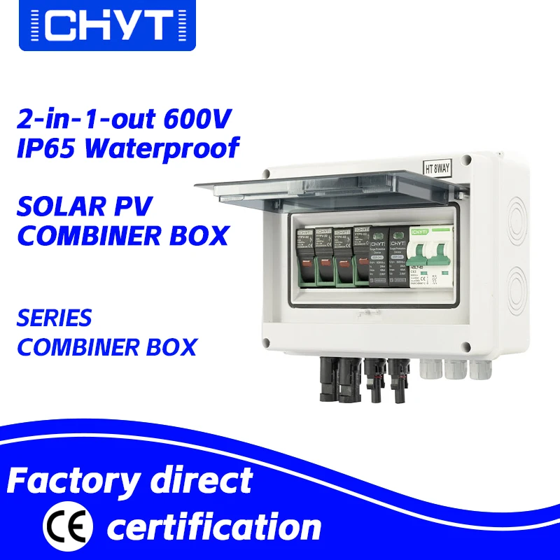 

PV Solar Surge Lightning Protection DC Combiner Box Outdoor Waterproof 2 String 2 Input 1 Output 600V IP65